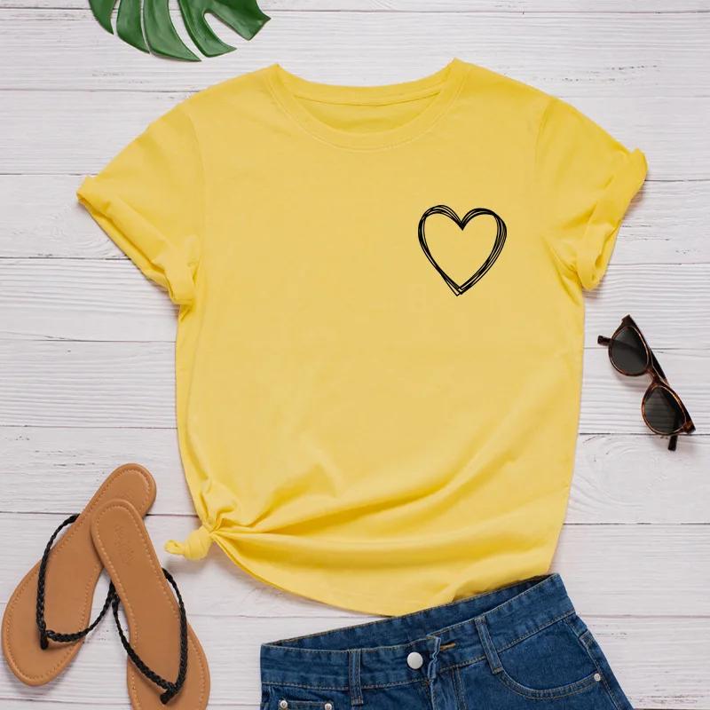 Pocket Heart Print Women T Shirt Short Sleeve O Neck Loose Women Tshirt Ladies Tee Shirt Tops Clothes Camisetas Mujer