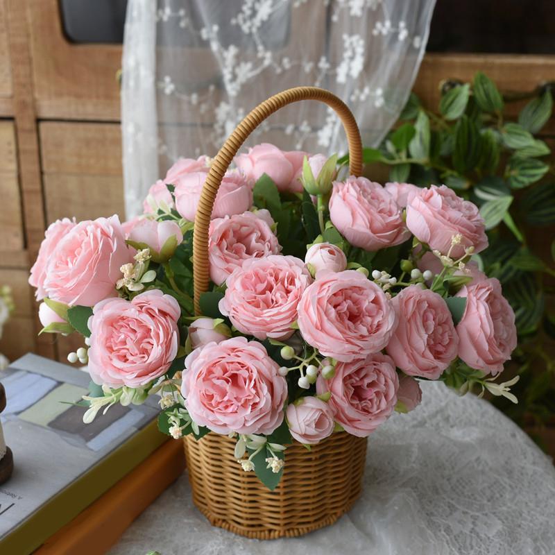 30cm Rose Pink Silk Bouquet Peony Artificial Flower 5 Big Head 4 Small Bud Bride Wedding Home Decoration Artificial Flower