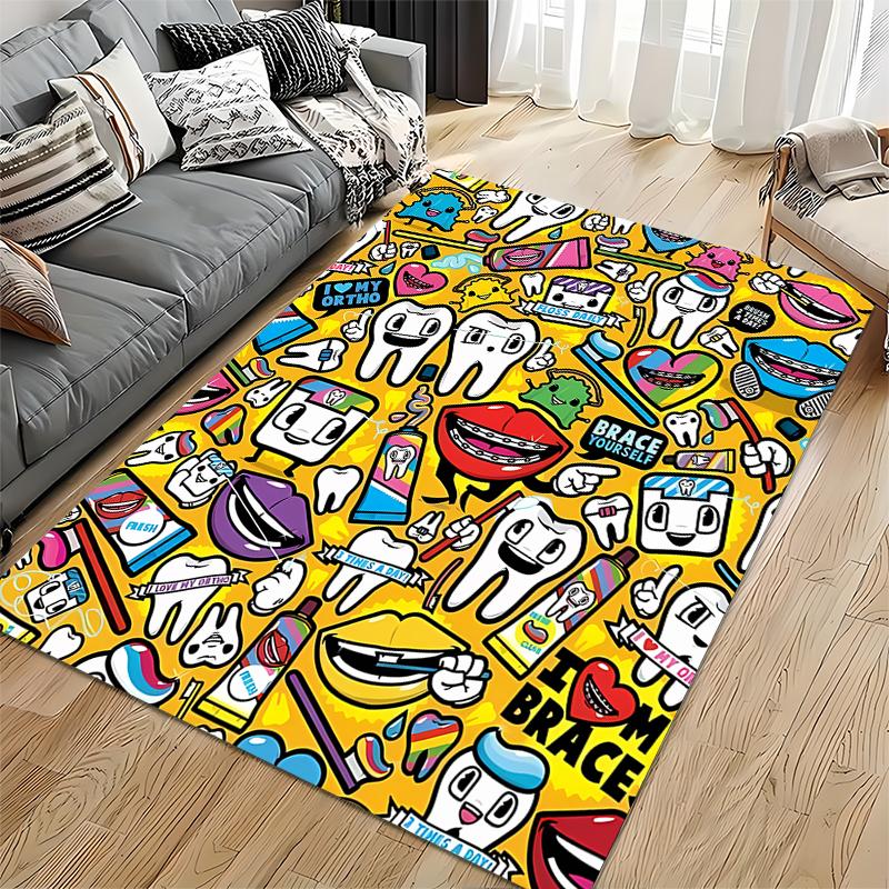 "Colorful Dental Icons with Cartoon Teeth Design. Non-slip Rug Suitable for Living Room and Bedroom Sofas."