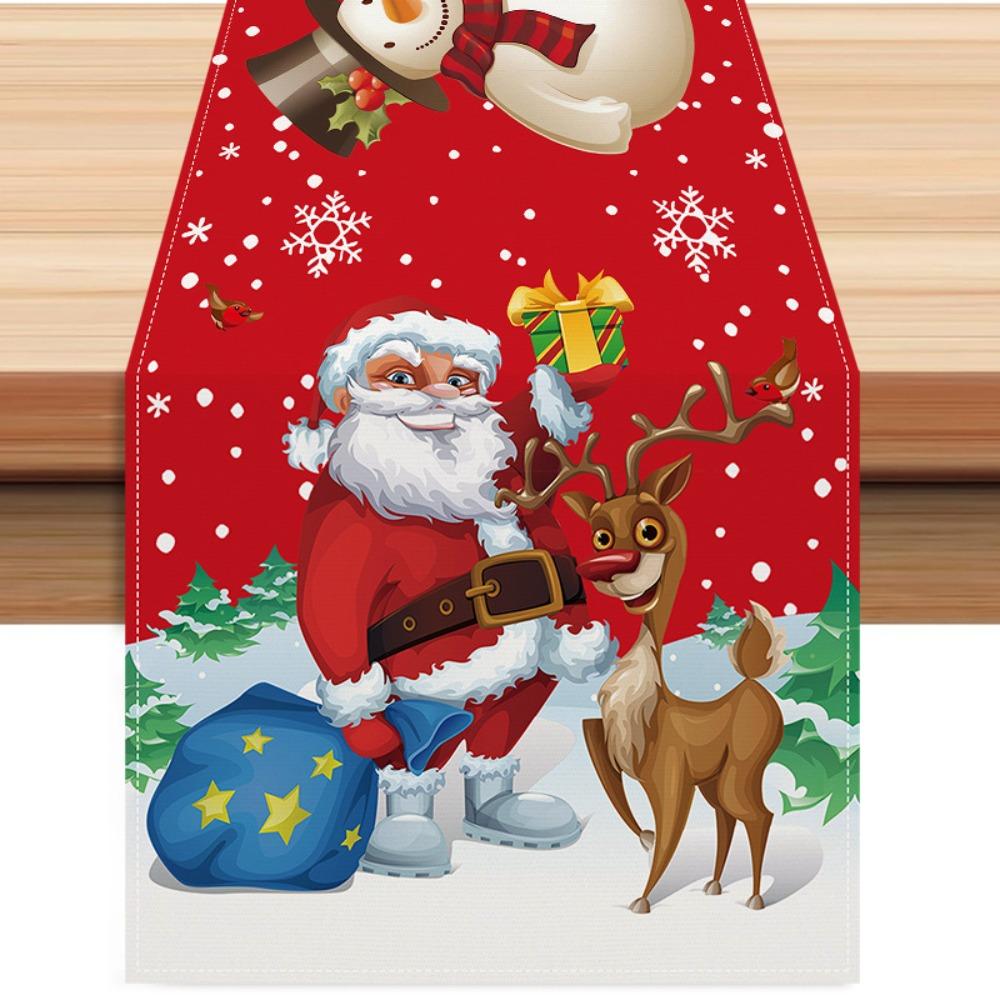 Christmas Red Plaid Table Runner with Gnome Snowman Print for Home Dining Room Decor