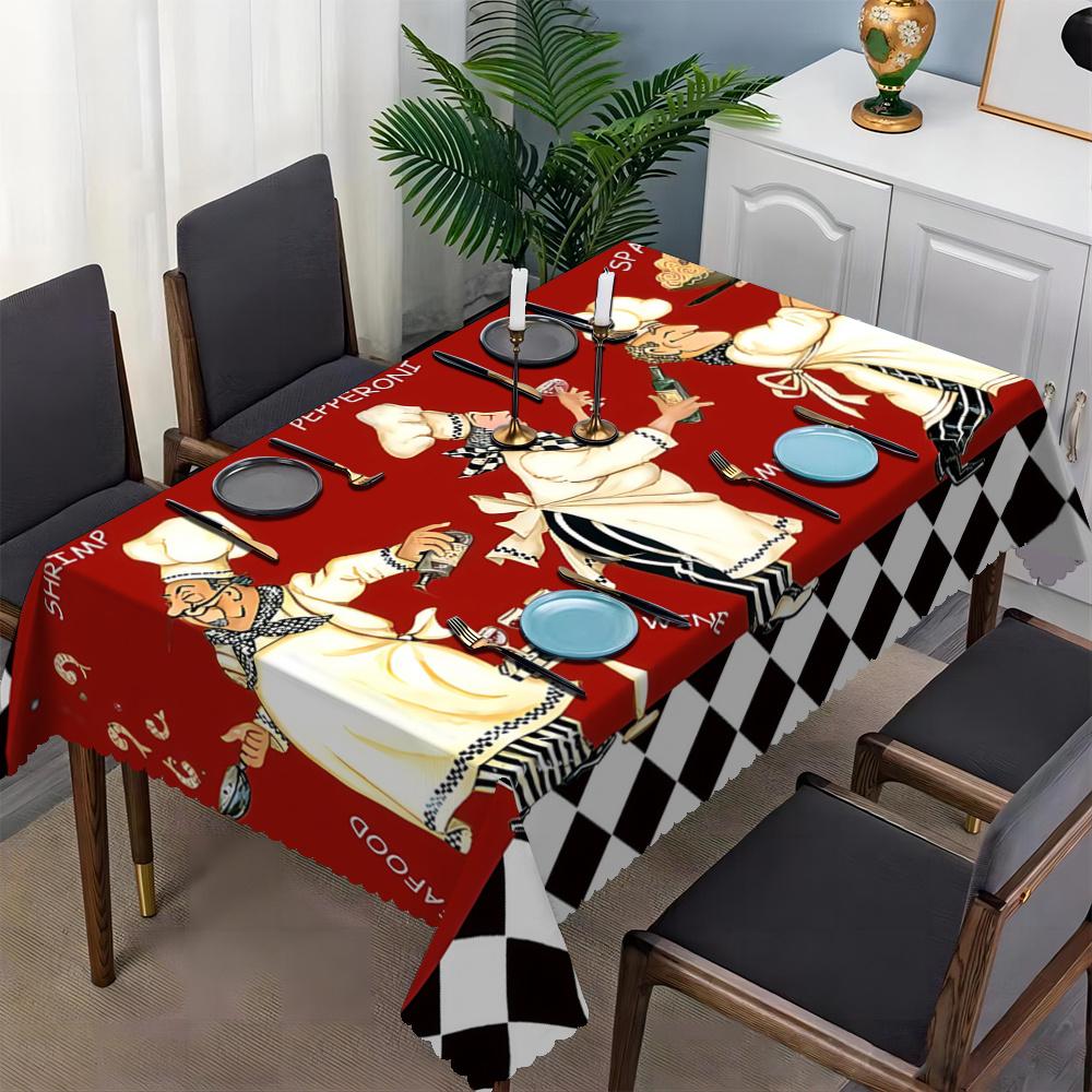 Retro Italian Chef Tablecloth, Red Background with Spaghetti & Wine Print, Scalloped Edge, Stain Resistant, for Kitchen & Dining