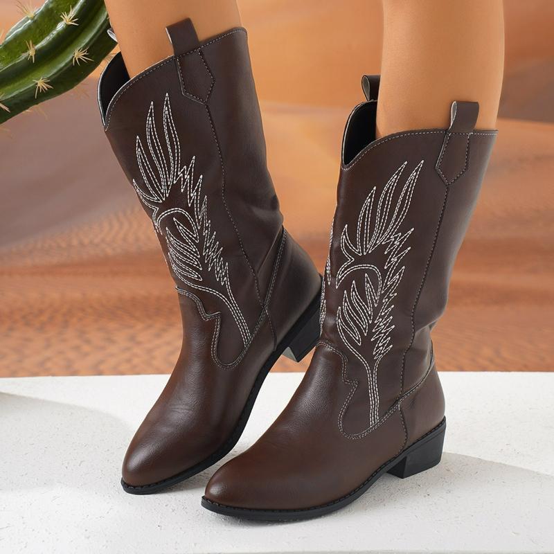 Damenstiefel Zum Hineinschlüpfen Mittelhohe Stiefel Spitze Quadratischer Absatz Cowboystiefel Plateau Ritterstiefel Große Größen Stickerei Langer Stiefel