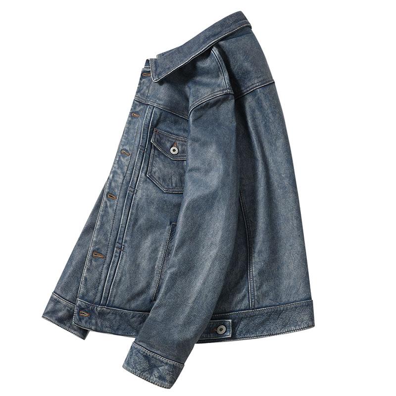 American Retro Graphite To Do The Old Top Layer Rindslederjacke Herren Slim-Fit Kurze Motorrad-Lederjacke Trendy