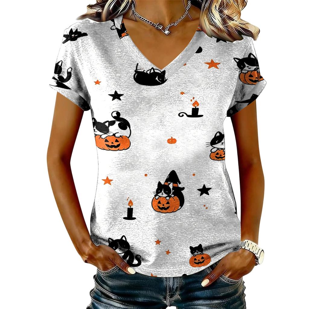 Women's V-Neck Short Sleeve Halloween Print T-Shirt Casual Pullover Top
