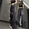High Street Vintage Schwarze Ripped Jeans Mode Weite Hosen Damen High Waist Gerade Hosen Baggy Hosen Y2k Jeans