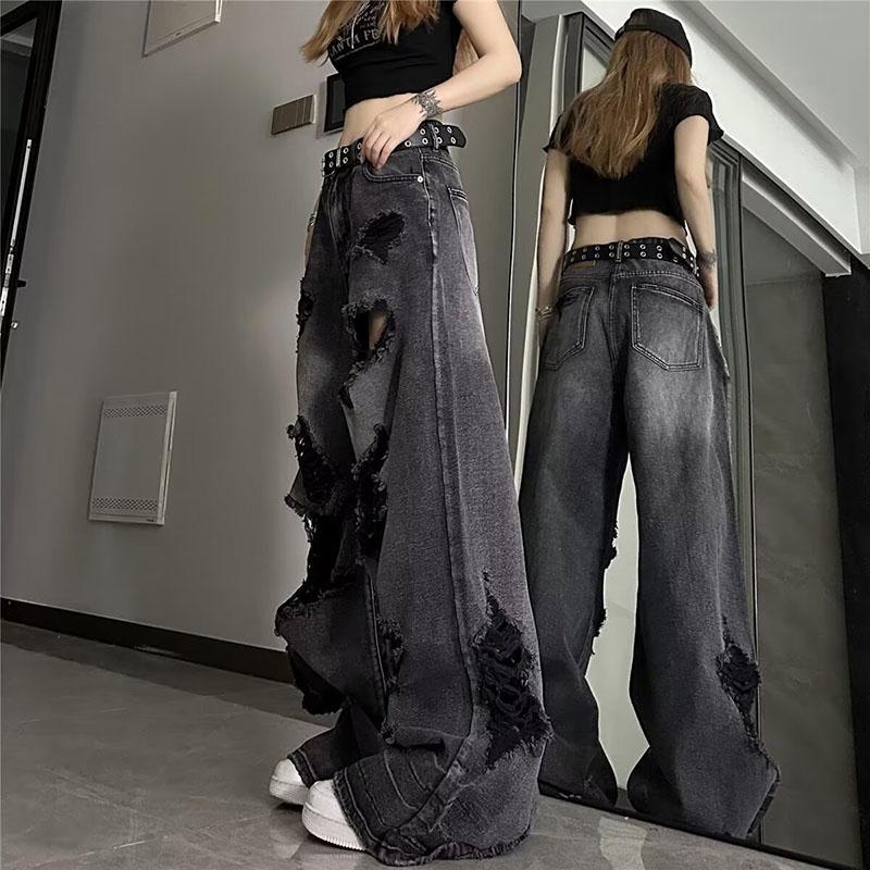 High Street Vintage Schwarze Ripped Jeans Mode Weite Hosen Damen High Waist Gerade Hosen Baggy Hosen Y2k Jeans