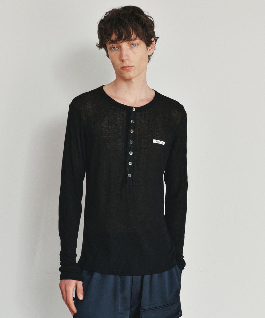 Hoite Fitted Rib Henley Neck T-Shirt (Black)