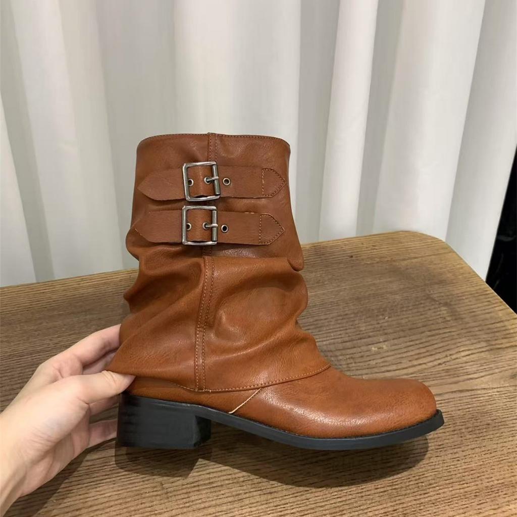 Coarse Heel Black Medium Martin Boots Women's Boots 2025 New Autumn and Winter Western Brown Maillard Pile Boots