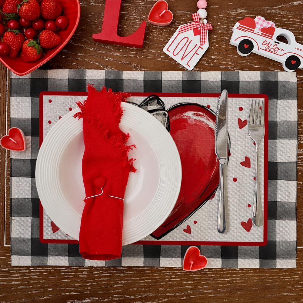 GEEORY Valentine's Day Placemats 12x18 Inch, Hearts Ribbon Bow Polka Dots Farmhouse Holiday Kitchen Dining Table Decoration for Indoor Outdoor Dinner