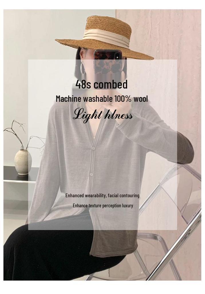 Women's V-Neck Lightweight Wool Cardigan - Ribbed Knit, Pleated, Long Sleeve, Versatile Layer