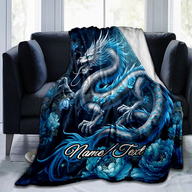 1PC Custom Name Blue Dragon Fantasy outdooor Flannel blankets Throw Blanket All-Season Throw Gift Bedspread for Couch, Bed, Camping Holiday Birthday g