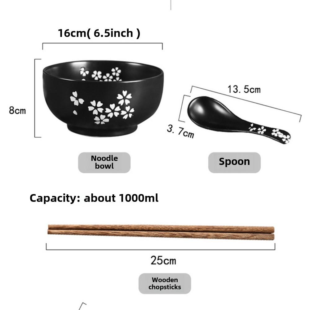 Ceramic Japanese Style Rice Noodle Bowl with Lid Spoon Chopstick Kitchen Tableware Salad Soup Bowl Food Kitchen Accessories Gift