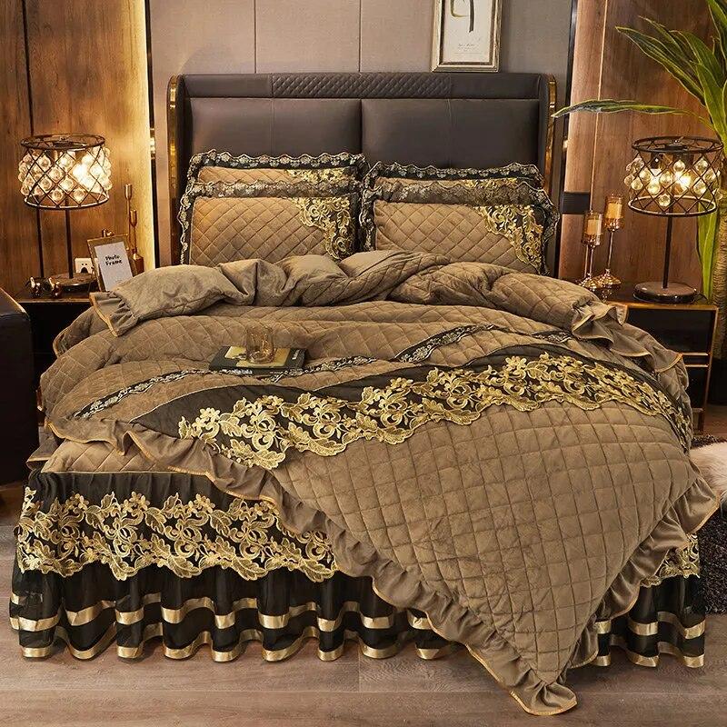 

Толстый стеганый бархатный пододеяльник, комплект двуспальной кровати размера «queen-size», роскошное кружевное пододеяльник с золотой вышивкой, 2 наволочки, мягкие 4 шт. 1.5x2m-59x79inch bed