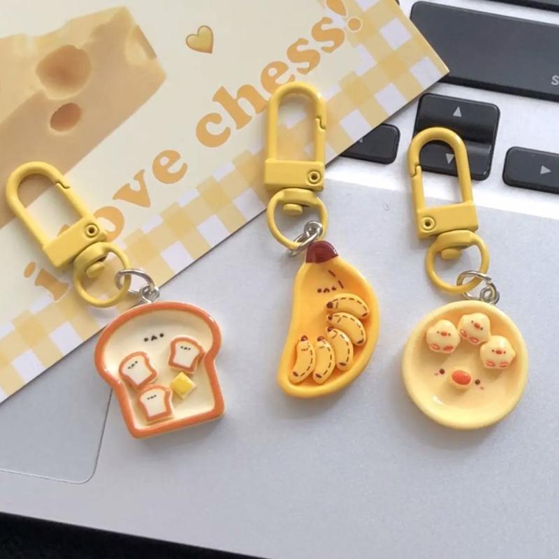 Cute Breakfast Plate Pendant Fun Simulation Food Play Keychain Creative Toast Banana Key Ring Accessorie Girly Heart Bag Lanyard