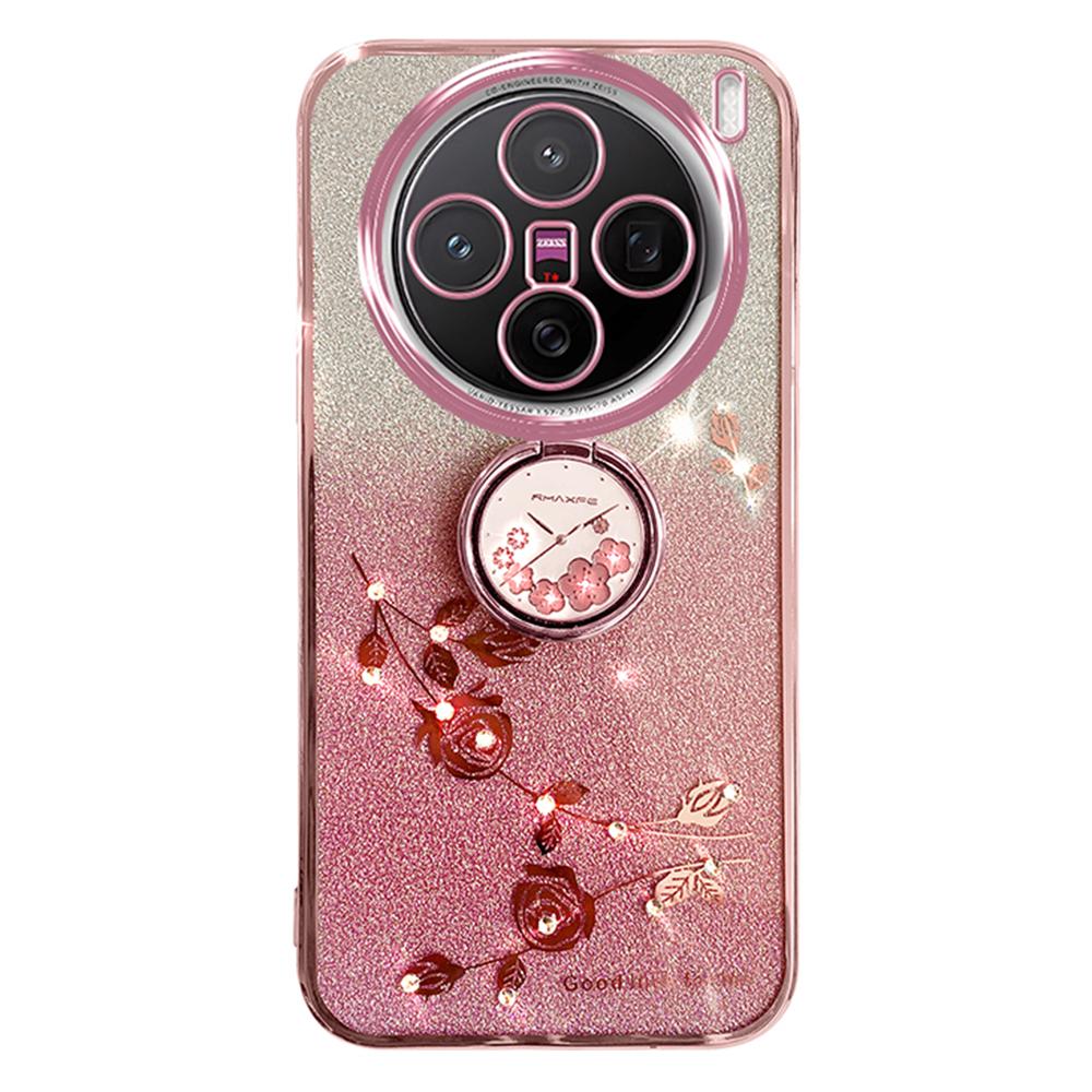 

For vivo X200 Pro 5G Case Ring Kickstand TPU Flowers Phone Cover Gradient Glitter Rose Gold