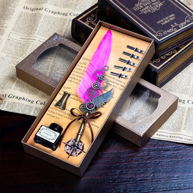 Feather Pen Quill Pen Dip Pen Set with Ink 5x Different Replacement Nibs Pen Holder for Calligraphy Lovers Festival Gift