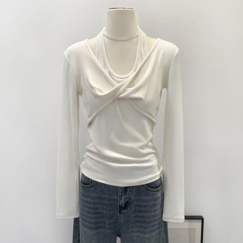 

Elegant European Women s Halter Neck Two-Piece Look White Long-Sleeve T-Shirt - Unique Early Autumn Style L