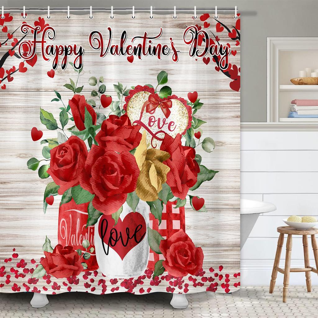 Rose Shower Curtain Romantic Floral Blossom Red Rose Reflection On Water Black And Red Bathroom Decor With Hooks