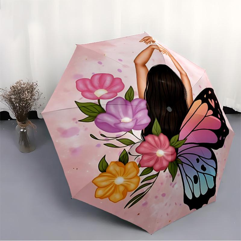 1PC Butterfly Flowers Automatic Folding Umbrella - Compact 8-Rib Design, Durable Plastic & Iron, Daily Use F010634