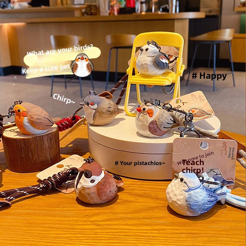 Porta-Chaves Animal Chapim Azul Cinzento Desenho Animado Pássaro Pérola Chaveiro Imitação Escultura em Madeira Chaveiro Crianças