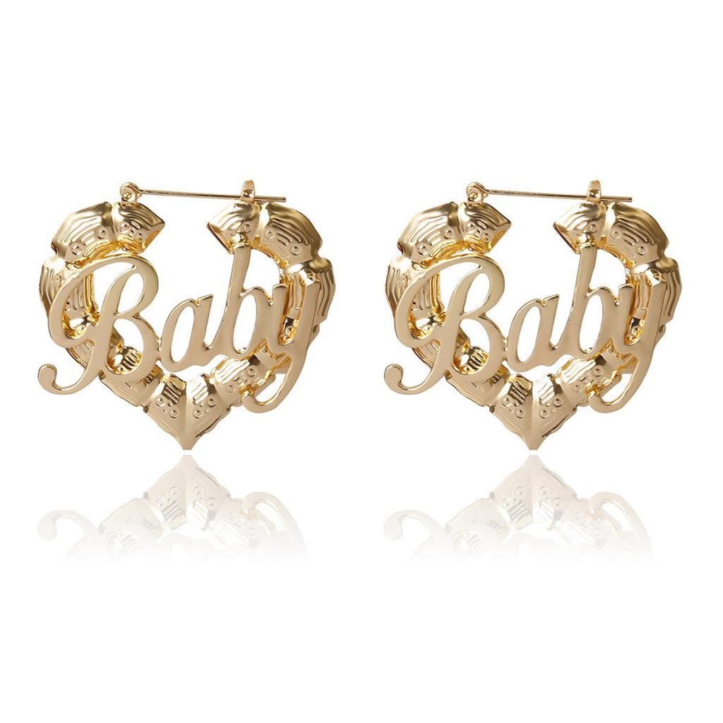 Hip Hop Punk Round Bamboo Earrings Creative Pockmarked Peach Heart Baby Letter Stud Earrings