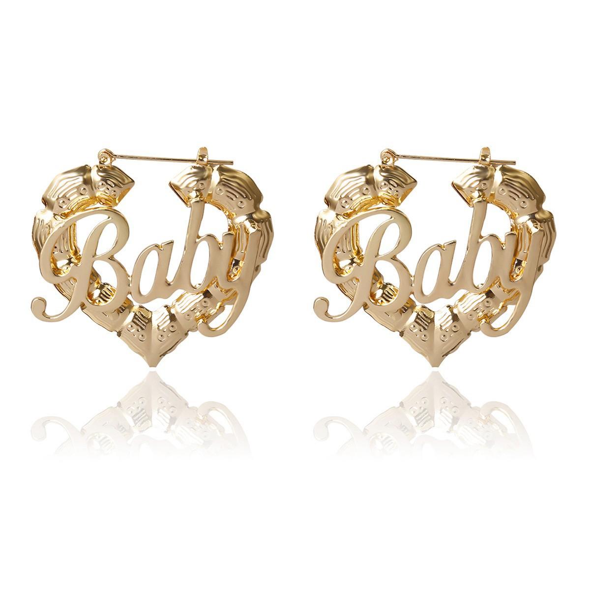 

Hip Hop Punk Round Bamboo Earrings Creative Pockmarked Peach Heart Baby Letter Stud Earrings