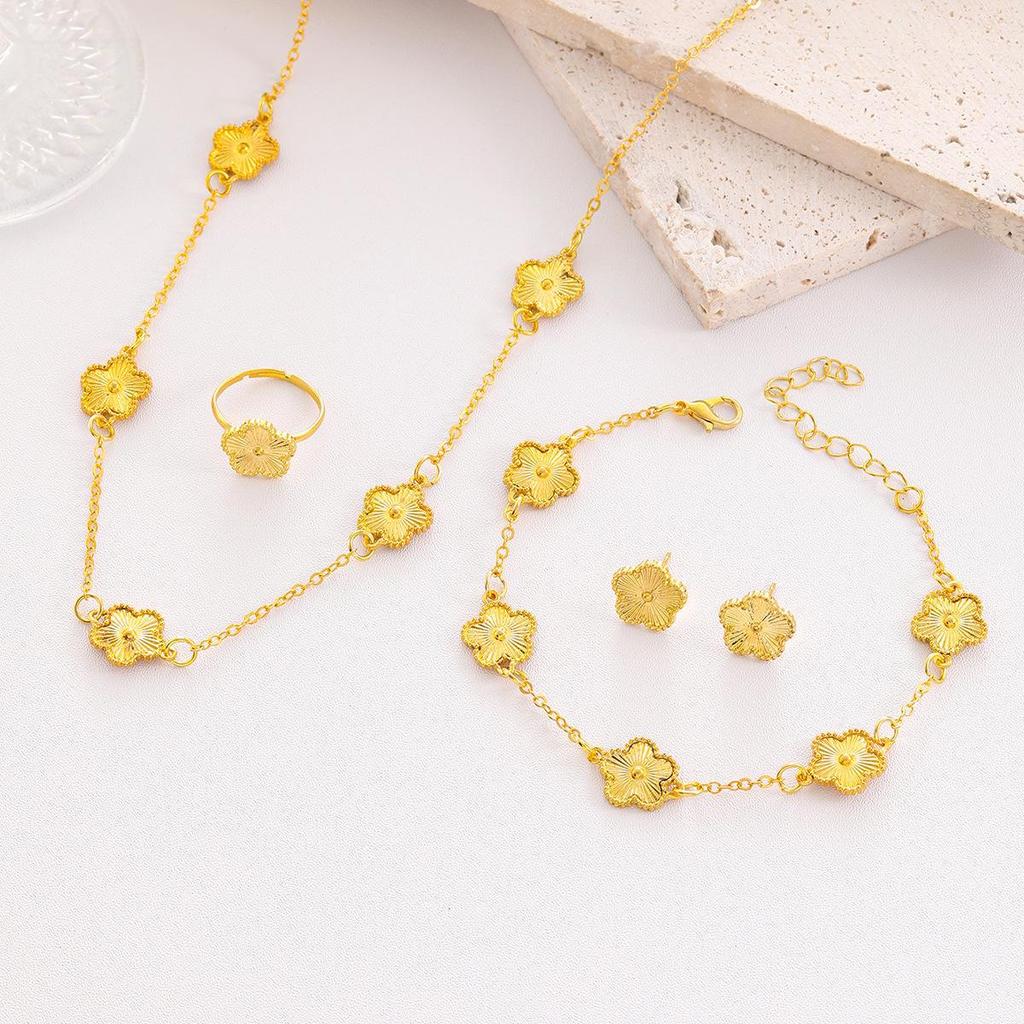 Lucky Five-Leaf Clover Jewelry Set: Necklace, Bracelet, Earrings, and Ring – Elegant European & American Style for Women