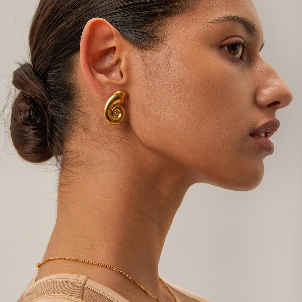 CARLIDANA Geometric Textured Waterproof Gold Plated Conch Spiral Stainless Steel Jewelry Heart Earrings Tiger Eyes Stone Woman