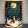 1pc, 20.32x30.48 Cm Metal Iron Art Painting, Themed "Winter Night Red Fox Snow Scene", Winter Forest Red Fox Themed Decorative Logo, Suitable for Deco