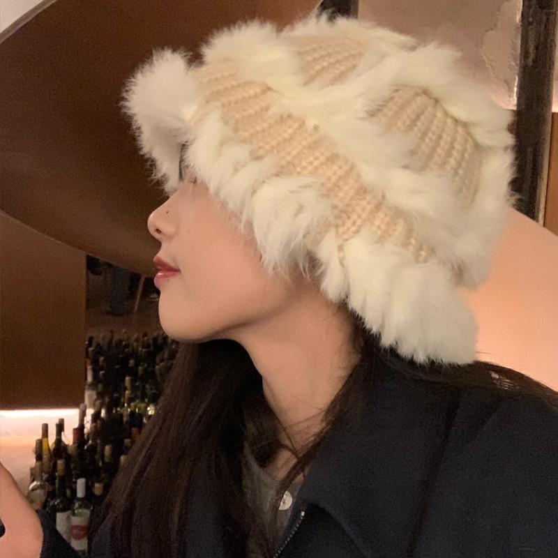 Rabbit Fur Knitted Woolen Hat for Women In Winter Cute Face Showing Small Warm Hat  Thickened Ear Protection Hat  Plush Bucket Hat