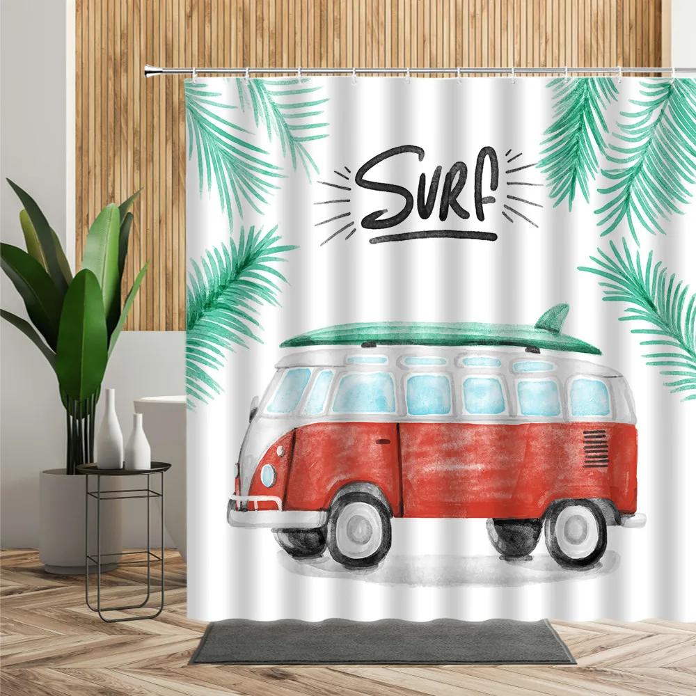 Forest Camping Poster Shower Curtain Camper Car Woods Bathroom Bath Decors Outdoor Landscape Backdrop Cloth 3D Room Curtains Set
