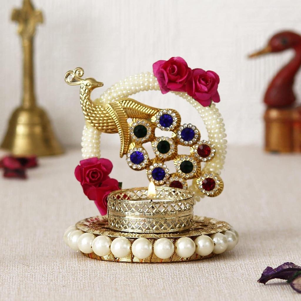 Metal Peacock Floral Decorative Tea Light Candle Holder for Diwali, Navratri, Ganesh Chaturthi, Christmas, New Year