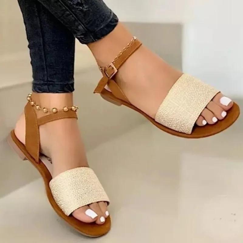 Ladies Shoes 2024 High Quality One-word Buckle Women's Sandals Summer Solid Ankle-wrap Open Toe Low-heeled Beach Sandals Women