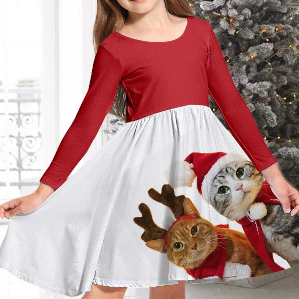 Autumn Girl Casual 3D Christmas Kitten Print Round Neck Long