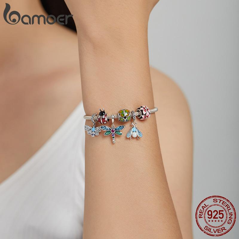 BAMOER Authentic 925 Sterling Silver Shiny Dragonfly Charm for Original Silver DIY Bracelet or Bangle Jewelry Make Beads SCC1706