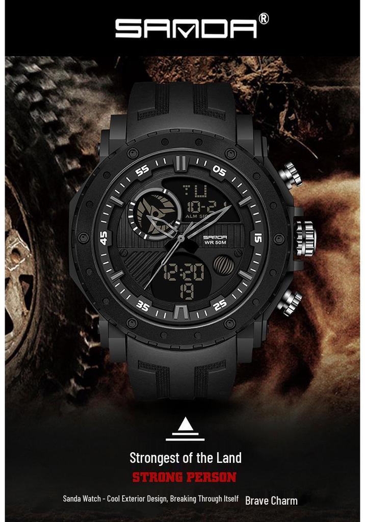 Relógio Esportivo Luminoso Multifunção com Duplo Display Masculino Sanda - À Prova d'Água e Ideal para Aventuras ao Ar Livre