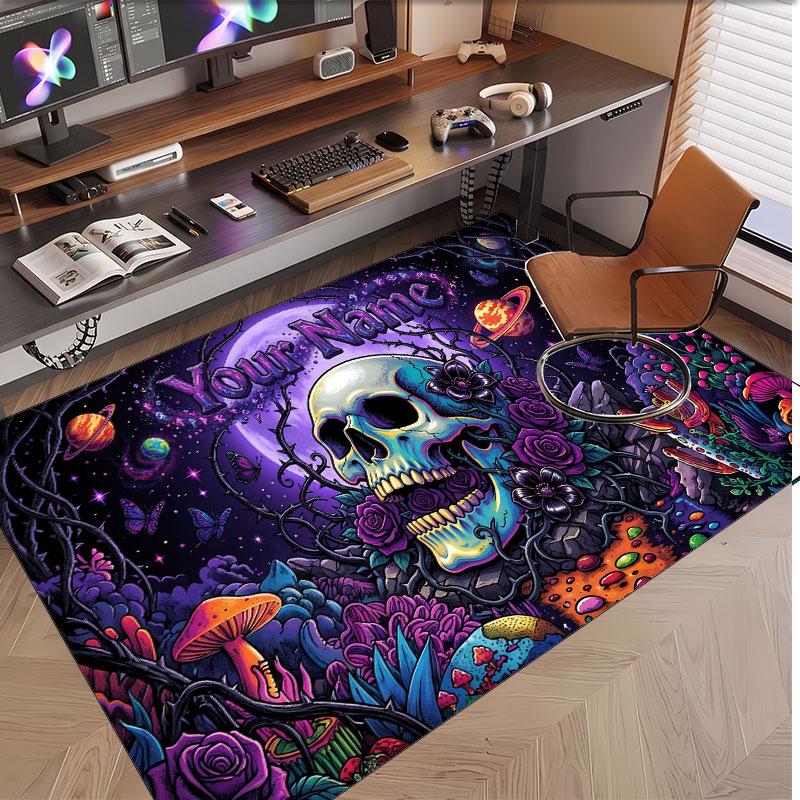 Totenkopf Gothic Thema Weicher Kristall-Samt Teppich Benutzerdefinierter Name & Text Druck Rutschfester Boden Teppich für Schlafzimmer Wohnzimmer
