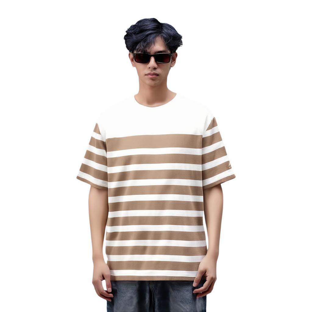 Li-Ning Comfortable Casual Striped Short Sleeve Crew Neck T-Shirt Men Tops Off-White Cocoa-Brown AHSU299-2