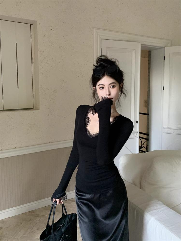 Lace V-Neck Slim-Fit Women's Long-Sleeve T-Shirt for Spring-Autumn, Sexy Hot Girl Style