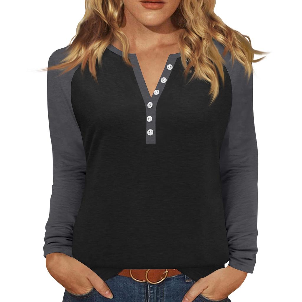 Women's T Shirt Color Block Button Long Sleeve Daily Weekend Fashion Basic V- Neck Regular Top