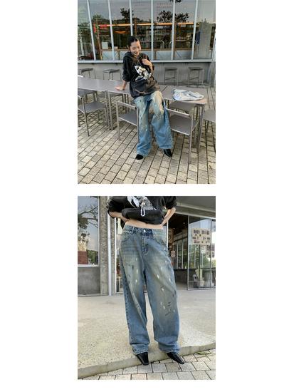 Women's Wide-Leg Jeans - Post-Apocalyptic Ink Splatter, Distressed Vintage Style for Autumn 2025