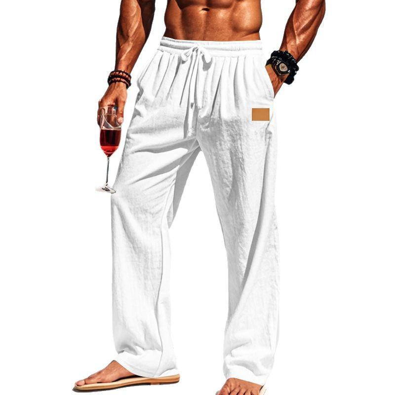 Cross-Border Men's Cotton Linen Drawstring Beach Pants.