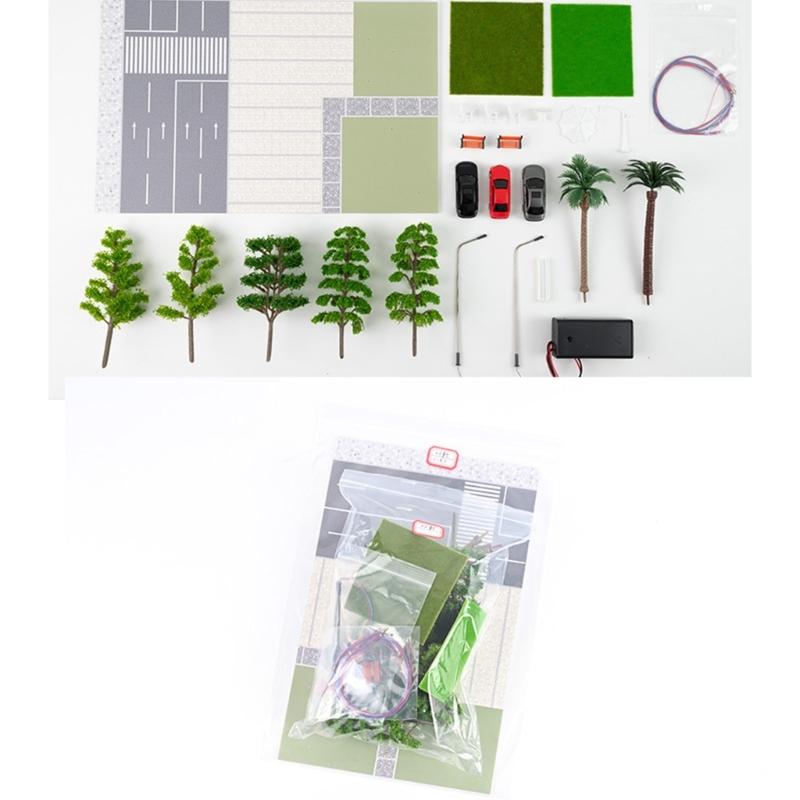 LED Lighting Car Parking Lot Model Miniature Tree,1:87 Scale City Road Scene Model Kits Sand Table Scene Building Model