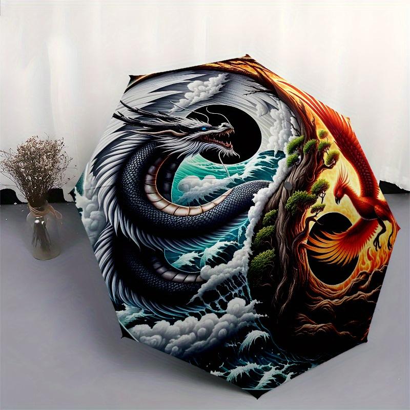 Yin Yang Dragon Phoenix Circular Art PrintUmbrella, Portable 3-Fold Compact Umbrella for Men & Women Gift