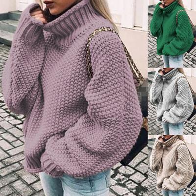 Women Solid Color Turtleneck Batwing Sleeve Knitted Sweater Loose Pullover Top