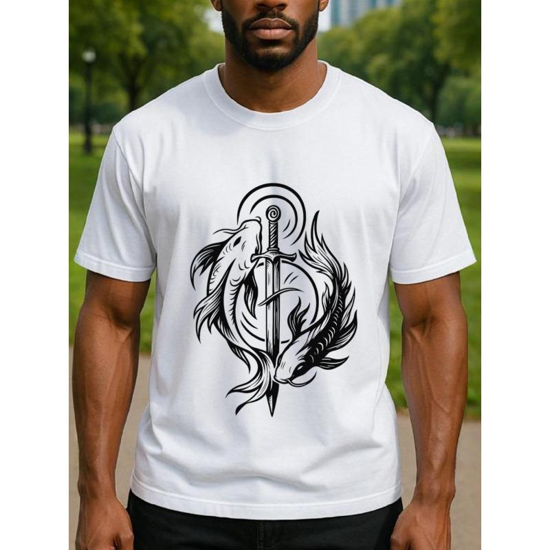 European Size Mysterious Power Symmetrical Sword and Feather Flame Totem Men's Printed Short-sleeved Shirt, Casual Commuting Printed Shirt