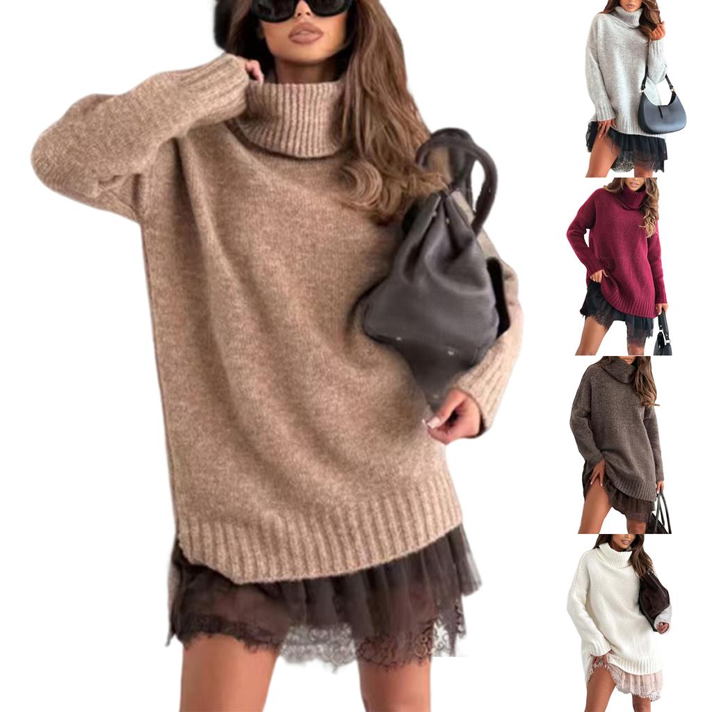 Women's Turtleneck Sweater Dress Set Elegant Lace Dress Two-piece Set