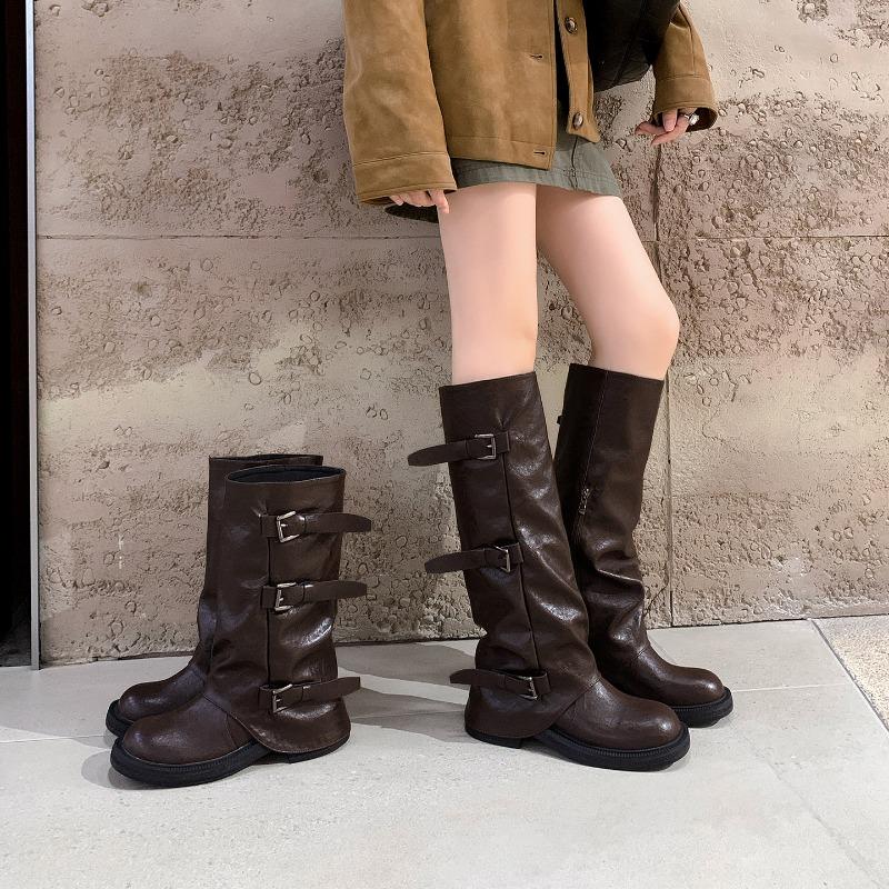 Thick-soled Belt Buckle Western Boots Women's New Versatile Mopping Boots Pleated Pile Boots Medium and Long Tube Pants Tube Boots