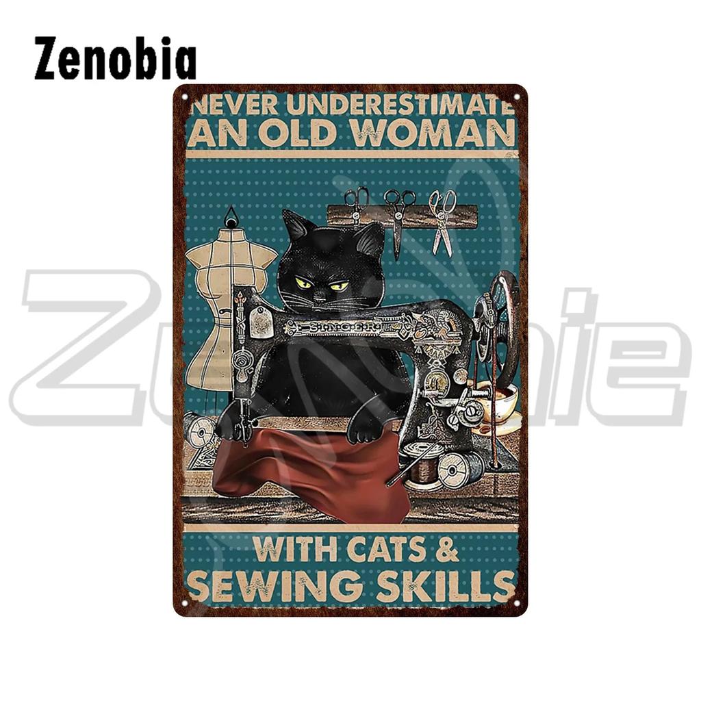 Black Cat Metal Sign Cat On Sewing Machine Funny Vintage Tin Sign Plate Animal Metal Plaque Wall Stickers for Room Decoration
