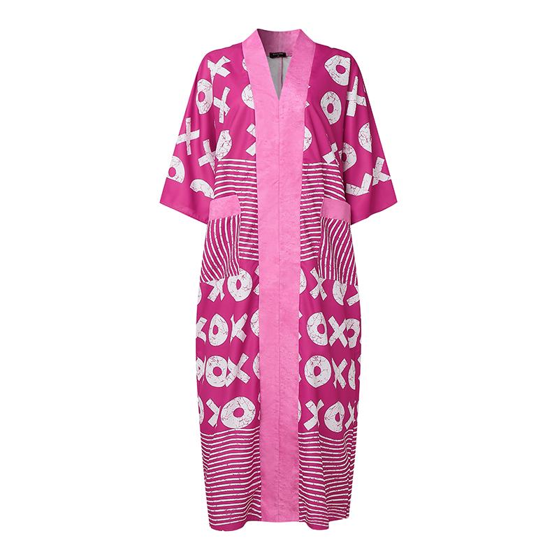 Oversized Women V Neck Long Sleeve Patchwork Print Casual Loose Maxi Kaftan Dress
